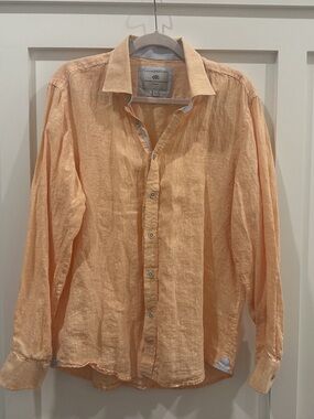 Report Collection Resort 100% Linen Button Down Shirt Peach Size L